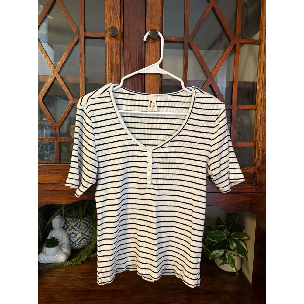Pact Women Small White Black Striped Ribbed Henley Short Sleeve Top Organic